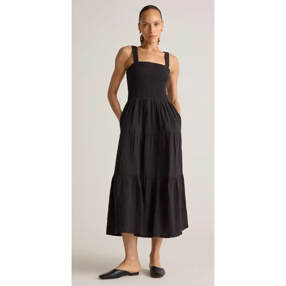 Quince Organic Cotton Gauze Smocked Maxi Dress Black Small